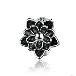 Silver plating Black Flower Lotus Charm Compatible for Bracelet Bangle Jewelry