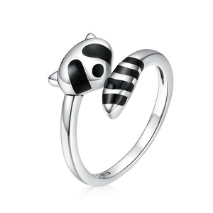 Silver plating Black Raccoon Finger Rings for Women Adjustable Free Size Jewelry