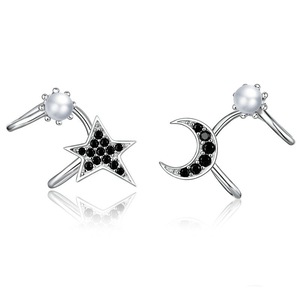 Silver plating Black Stone Moon & Star Ear Clips for Women and Men Punk Fashion Jewelry