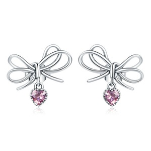 Silver plating Bowknot Stud Earrings Pink Heart Tiny Earrings for Women Jewelry