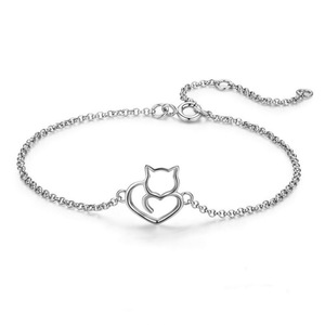 Silver plating Cat and Heart Link Chain Bracelets & Bangles for Women Jewelry Gift