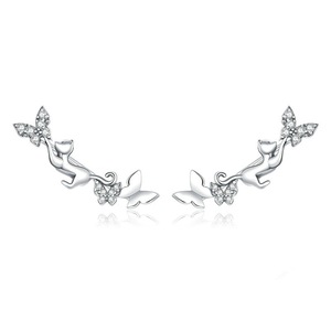 Silver plating Cat & Butterflies Stud Earrings for Women Jewelry