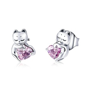 Silver plating Cat Pussy Pink Stud Earrings for Women Fashion Jewelry