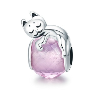 Silver plating Cute Cat Pussy Big Stone Charm Beads Fit Women Bracelet DIY Beads Jewelry