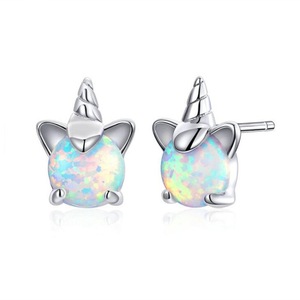 Silver plating Cute Unicorn Colorful Opal Stud Earrings for Women Wedding Small Earrings Fine Anniversary Jewelry