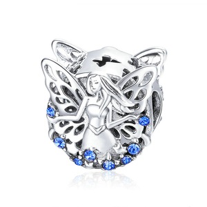 Silver plating Elf Flower Fairy Blue Beads Charm Fit Bracelets Bangles DIY Jewelry