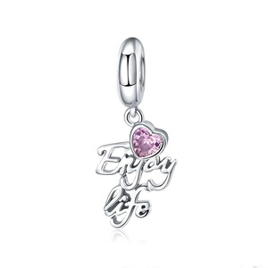 Silver plating Enjoying Life Letter Pink Heart Pendant Charm Fit Bracelets Bangles DIY Jewelry