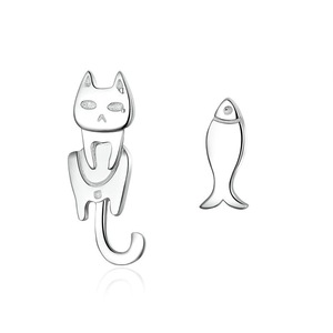Silver plating Fish and Cat Simple Line Stud Earrings for Women Jewelry
