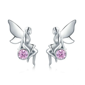 Silver plating Flower Fairy Pink Stud Earrings for Women Jewelry Gift