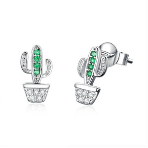 Silver plating Green Cactus Plant Fashion Stud Earrings for Women Jewelry