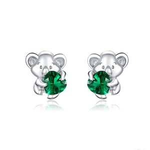 Silver plating Green Emerald Color Stone Cute Koala Stud Earrings for Women Animal Jewelry for Girl