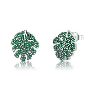 Silver plating Green Leaf Monstera Stud Earrings for Women Summer Holiday Jewelry