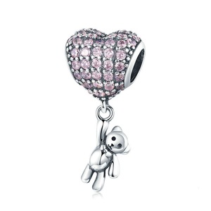 Silver plating Heart Bear Pink Beads Fit Charm Bracelets Charm Jewelry Valentines Gift