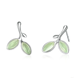 Silver plating Hope Leaves Tree Green Buds Stud Earrings for Women Jewelry