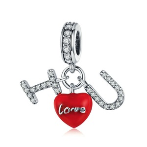 Silver plating I Love You Pendant Red Heart Charms Fit Charm Bracelets Necklace Valentines Jewelry
