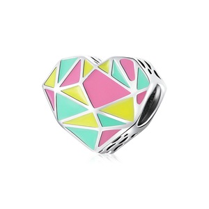 Silver plating Love Heart Shape Geometric Patterns Colorful Couple Bead Charm for Bracelet Bangle DIY Jewelry