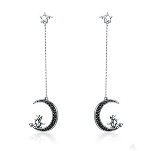 Silver plating Magic Witch In Moon Star Black Long Drop Earrings for Women Jewelry