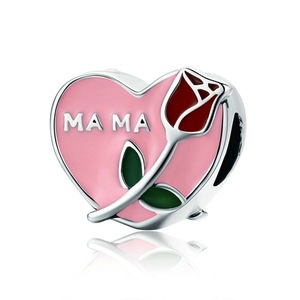 Silver plating Mama In Heart Rose Flower Beads Fit Charm Bracelet Necklace Jewelry Gift Mom