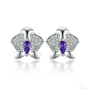 Silver plating Orchid Flower Stud Earrings for Women Engagement Jewelry Gift