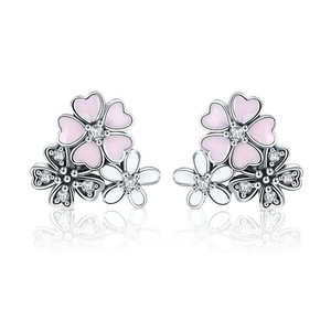 Silver plating Pink Daisy Cherry Blossoms Flower Stud Earrings for Women Jewelry Gift