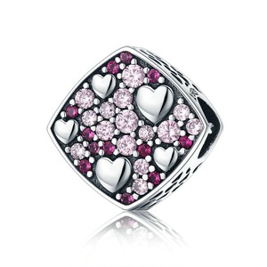 Silver plating Pink Heart Square Charm Beads Fit Charm Bracelet Jewelry