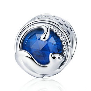 Silver plating Playing Kitten Cat Blue Charm Beads Fit Charm Bracelet & Bangles DIY Jewelry