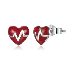 Silver plating Red Heart Heartbeat Stud Earrings for Women Jewelry