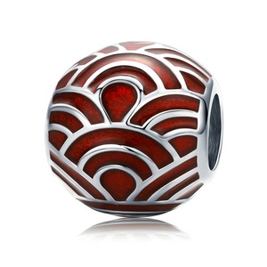 Silver plating Red Wave Pattern Round Beads for Women Jewelry Charm Fit Bracelet