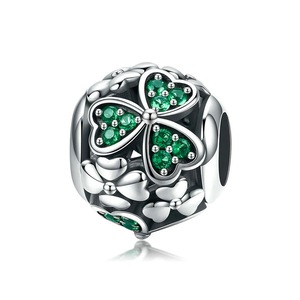 Silver plating Shamrock Flower Green Beads Charm Fit Charm Bracelet Necklace Jewelry