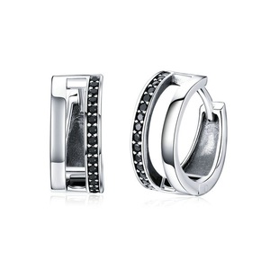 Silver plating Simple Double Round Circle Black Hoop Earrings for Women Fine Jewelry Gift