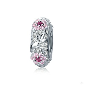 Silver plating Spacer Charm for Bracelet Pink Plum Blossom Flowers Jewelry