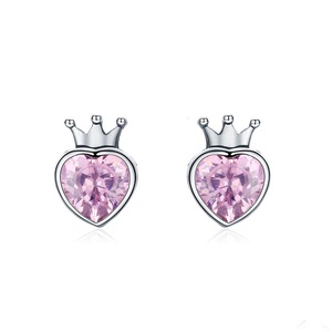 Silver plating Sweet Pink Heart of Crown Stud Earrings for Women Jewelry Gift