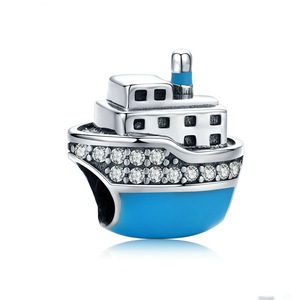 Silver plating Travel Cruise Ship Blue Beads Charms Fit Bracelet Necklace Jewelry