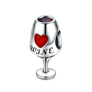 Silver plating Wine Cup Heart Pave Charm Beads Fit Charm Bracelets & Necklaces Jewelry