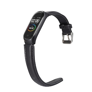 Solid Crazy Horse Pattern Leather Watch Band Watch Strap Replacement for Xiaomi Miband 4 BLACK COLOR