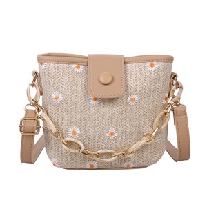 Summer Woven Shoulder Chain Beach Travel Handbags Women Straw Bucket Bag Popular Simple Female Daily Bag