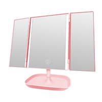 Supperstore 3 Fold Illuminated Mirror 3 Sides 10x Dressing Magnifying Glass Desktop Touch Electrodeless Dimming LED Lamp Mirror-Pink