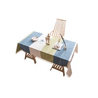Tassel Tablecloth Heavyweight Cotton Linen Table Cover - WHITE GREEN BLUE