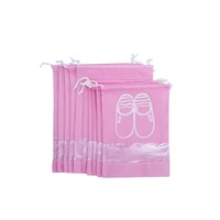 Travel Shoe Receiving Bag with Cord Drawing and Perspective Shoe Cover - PINK