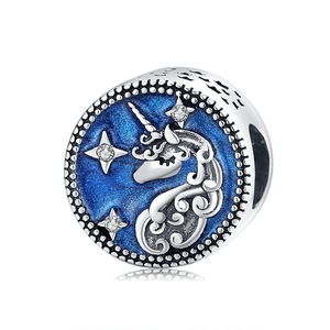 Unicorn Charms Silver plating Blue Licorne Pave Beads Charms Fit Jewelry