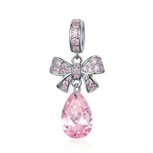 Valentine Gift Silver plating Pink Bowknot Droplet Charms Pendant Fit Chain Necklaces Jewelry