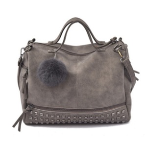 Vintage PU Leather Women Bag Rivet Larger Ladies Handbags Hair Ball Shoulder Bag Crossbody Bag(grey)