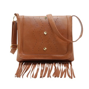 Vintage Women Tassel Shoulder Crossbody Bag Hollow Retro Rivet PU Leather Solid Color Female Travel Messenger Bags