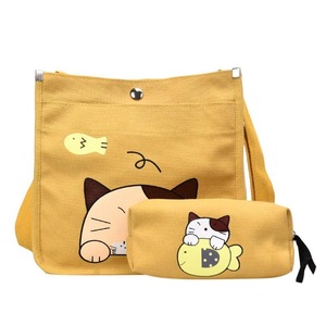 Women Canvas Cartoon Cat Print Shoulder Crossbody Handbags Casual Pen Bag Shopping Bag Messenger Shoulder Bag