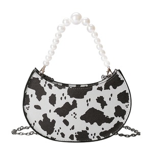 Women Pearl Chain Small Shoulder Handbag Purse Cow Milk Pattern Crossbody Bag Popular Simple Female Daily Bag