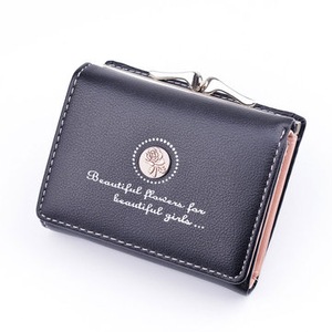 Women PU Leather Floral Clutch Short Solid Buckle Ladies Wallet Mini Portable Credit Card Purse BLACK COLOR
