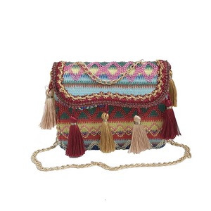 Women Ring Handle Straw Bag Pouch Rattan Messenger Handbag Beach Tote Outdoor Travel RED COLOR
