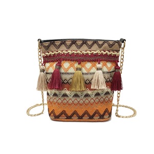 Women Ring Handle Straw Bucket Barrel Bag Beach Pouch Rattan Messenger Handbag Tote Outdoor Travel 2 STYLE