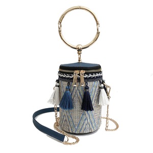 Women Ring Handle Straw Bucket Barrel Bag Pouch Rattan Messenger Handbag Tote Outdoor Travel BLUE COLOR
