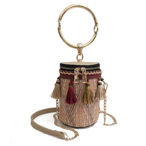 Women Ring Handle Straw Bucket Barrel Bag Pouch Rattan Messenger Handbag Tote Outdoor Travel KHAKI COLOR